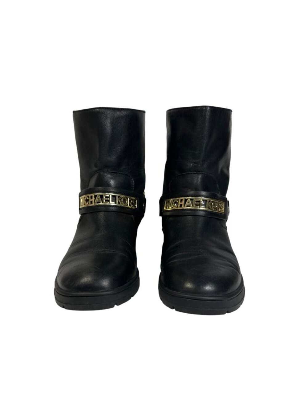 MICHAEL KORS ESSEX ICONIC BLACK GOLD LOGO MOTO BIKER BOOTS Size 7M - Picture 2 of 13